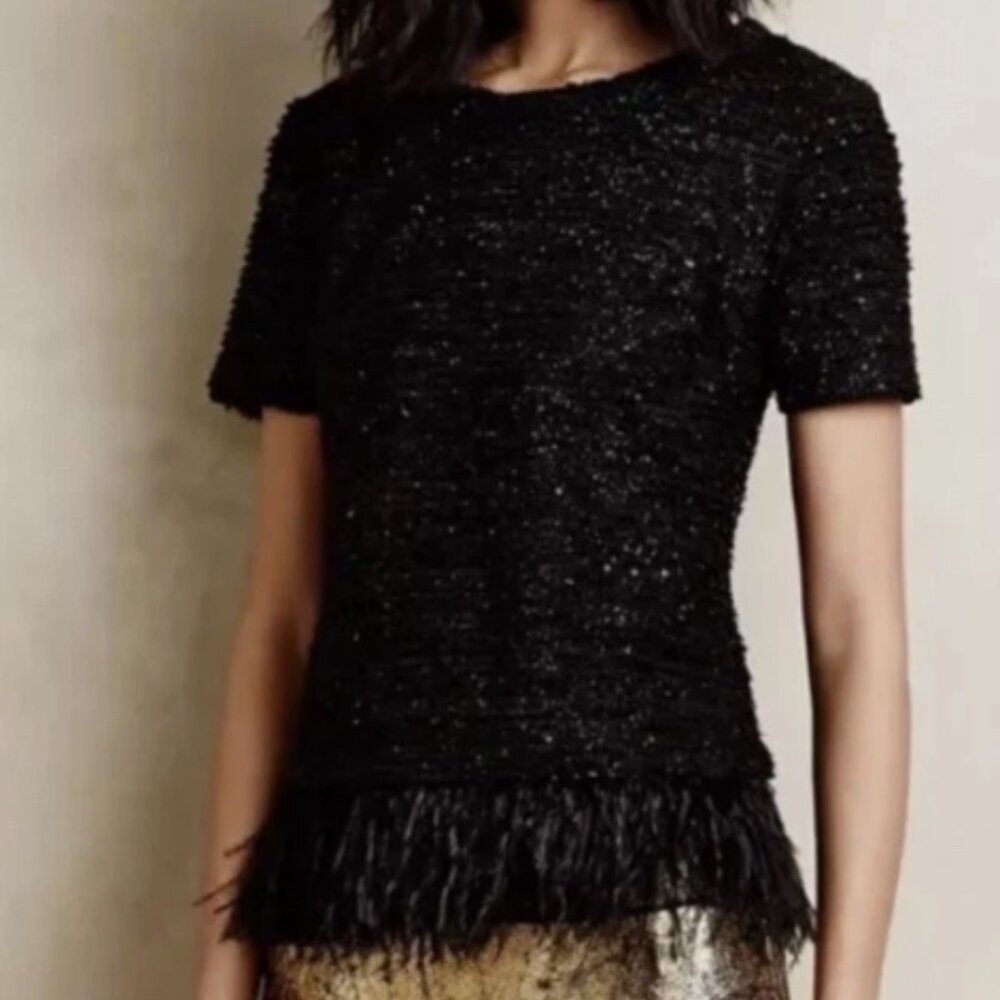 Anthropologie Deletta black bloucle sequin feather trim blouse size small
